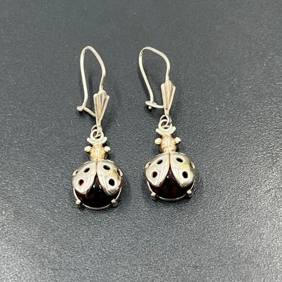 Sterling Silver 925 Genuine Amber Ladybug Drop Dangle Earrings - Picture 2 of 9